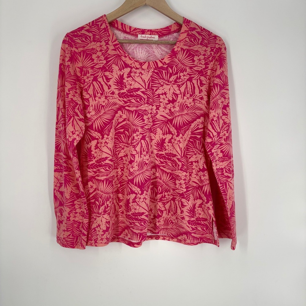 Fresh Produce Womens  Long Sleeve Top M Pink Tropical Floral Palm Beachy Coastal